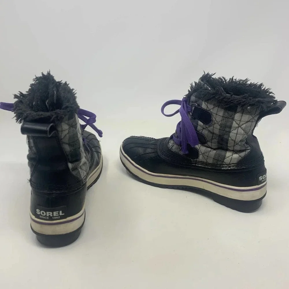 Sorel Tivoli II Leather Plaid Lace-Up Snow Boots‎ Black Gray Purple Size US 5